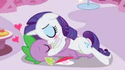 Size: 1136x640 | Tagged: safe, artist:georgegarza01, rarity, spike, dragon, pony, unicorn, g4, duo, female, heart, hearts and hooves day, holiday, kiss on the lips, kissing, lying down, male, mare, on back, ship:sparity, shipping, show accurate, size difference, straight, valentine's day, valentine's day card