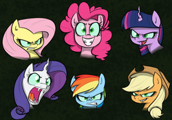 Size: 1330x926 | Tagged: safe, artist:shoutingisfun, edit, applejack, fluttershy, pinkie pie, queen chrysalis, rainbow dash, rarity, twilight sparkle, pony, g4, >:d, abstract background, angry, bust, cropped, disguise, disguised changeling, evil smile, fake applejack, fake fluttershy, fake pinkie, fake rainbow dash, fake rarity, fake twilight, fangs, furious, grin, gritted teeth, hat, mane six, open mouth, smiling
