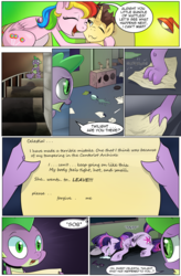 Size: 1800x2740 | Tagged: safe, artist:candyclumsy, spike, twilight sparkle, oc, oc:candy clumsy, oc:tommy the human, alicorn, dragon, pegasus, pony, comic:twilight's kronenberg, g4, alicorn oc, book, canterlot, comic, commissioner:bigonionbean, concerned, crying, dialogue, fourth wall, hug, library, nuzzling, pain, scared, skintight, suffering, twilight sparkle (alicorn), writer:bigonionbean