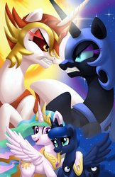Size: 776x1199 | Tagged: safe, artist:christadoodles, daybreaker, nightmare moon, princess celestia, princess luna, alicorn, pony, a royal problem, g4, crossed hooves, crossed horns, duality, ethereal mane, female, fight, gritted teeth, horn, horns are touching, hug, looking at each other, magic, mane of fire, sisters, smiling