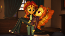 Size: 1920x1080 | Tagged: safe, artist:razethebeast, adagio dazzle, sunset shimmer, equestria girls, g4, my little pony equestria girls: rainbow rocks, 3d, bridal carry, carrying, clothes, female, hoodie, lesbian, looking at each other, pants, ship:sunsagio, shipping, smiling, source filmmaker