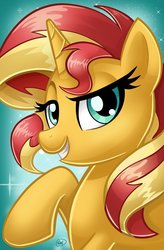 Size: 746x1136 | Tagged: safe, artist:christadoodles, sunset shimmer, pony, unicorn, g4, female, looking at you, mare, raised eyebrow, raised hoof, signature, smiling, solo