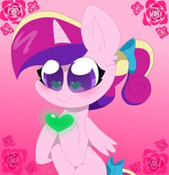 Size: 3488x3608 | Tagged: safe, artist:kittyrosie, princess cadance, alicorn, pony, g4, blushing, cute, cutedance, female, green heart, heart, heart eyes, high res, smiling, solo, wingding eyes, younger
