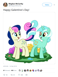 Size: 627x831 | Tagged: safe, artist:madmax, bon bon, lyra heartstrings, sweetie drops, earth pony, pony, unicorn, g4, female, holiday, intertwined tails, lesbian, mare, meghan mccarthy, meta, misspelling, ship:lyrabon, shipping, shipping fuel, text, twitter, valentine's day