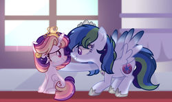Size: 1024x609 | Tagged: safe, artist:elementbases, artist:moon-rose-rosie, oc, oc only, oc:celestial moon, oc:sparkle dash, alicorn, pegasus, pony, base used, crown, duo, female, filly, jewelry, magical lesbian spawn, mare, offspring, parent:rainbow dash, parent:twilight sparkle, parents:twidash, regalia, sisters