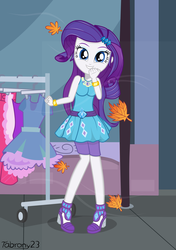 Size: 3100x4400 | Tagged: safe, artist:tabrony23, rarity, equestria girls, g4, my little pony equestria girls: better together, street chic, autumn leaves, bracelet, clothes, clothes rack, cold weather, cute, dress, female, geode of shielding, high heels, jewelry, leaf, leaves, looking at you, magical geodes, raribetes, rarity peplum dress, shoes, shorts, show accurate, smiling, smiling at you, solo, wind, wind blowing, window