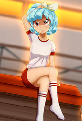 Size: 1183x1747 | Tagged: safe, artist:focusb, cozy glow, human, g4, season 8, ass, butt, clothes, crossed legs, female, freckles, gymnasium, humanized, school, shorts, sitting, socks, solo