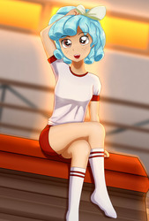 Size: 1183x1747 | Tagged: safe, alternate version, artist:focusb, cozy glow, human, g4, season 8, ass, butt, clothes, crossed legs, female, freckles, gymnasium, humanized, school, shorts, sitting, socks, solo