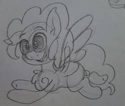 Size: 1494x1266 | Tagged: safe, artist:thatonefluffs, surprise, pony, g1, female, flying, gray background, grayscale, monochrome, open mouth, pencil drawing, simple background, sketch, solo, spread wings, traditional art, wings