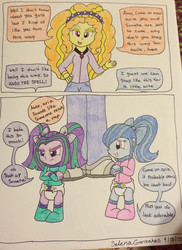 Size: 2030x2783 | Tagged: safe, artist:crystal2riolu, adagio dazzle, aria blaze, sonata dusk, equestria girls, g4, age regression, ariabetes, baby, comic, cute, diaper, grammar error, high res, mamadagio, misspelling, sonatabetes, the dazzlings, traditional art