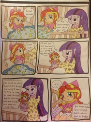 Size: 2448x3264 | Tagged: safe, artist:crystal2riolu, sunset shimmer, twilight sparkle, human, equestria girls, g4, age regression, baby, babyset shimmer, comic, crib, cute, diaper, high res, shimmerbetes, traditional art