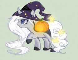 Size: 1362x1060 | Tagged: safe, artist:dl-ai2k, oc, oc only, pony, unicorn, female, hat, mare, pumpkin, simple background, solo, witch hat