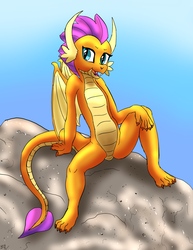 Size: 2025x2625 | Tagged: safe, artist:pwnyville, artist:wildwald, smolder, dragon, g4, ass, butt, dragoness, female, high res, looking at you, open mouth, rock, sitting, solo