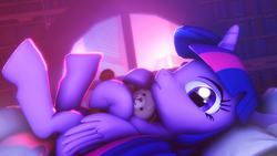 Size: 3840x2160 | Tagged: safe, artist:selestlight, twilight sparkle, alicorn, pony, g4, 3d, cute, high res, looking at you, pillow, source filmmaker, teddy bear, twiabetes, twilight sparkle (alicorn), window