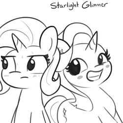 Size: 1650x1650 | Tagged: safe, artist:tjpones, part of a set, starlight glimmer, trixie, pony, unicorn, g4, blushing, grin, implied lesbian, implied shipping, implied startrix, monochrome, simple background, smiling, suggestive description, sweat, white background