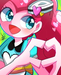 Size: 1435x1770 | Tagged: safe, artist:yuyutsuka_0130, pinkie pie, coinky-dink world, equestria girls, g4, my little pony equestria girls: summertime shorts, blush highlights, color outline, female, heart eyes, heart hands, server pinkie pie, solo, wingding eyes