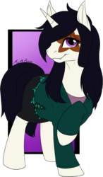 Size: 716x1230 | Tagged: safe, artist:mythpony, oc, oc only, oc:faith star, pony, unicorn, abstract background, clothes, female, looking at you, mare, raised hoof, signature, solo