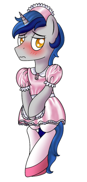 1966948 - safe, artist:cappie, oc, oc only, oc:cappie, pony, unicorn,  blushing, body pillow, body pillow design, clothes, crossdressing, dress, forced  feminization, maid, maid headdress, male, satin, shiny, shoes, silk, simple  background, sissy,
