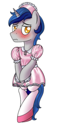 Size: 500x1050 | Tagged: safe, artist:cappie, oc, oc only, oc:cappie, pony, unicorn, blushing, body pillow, body pillow design, clothes, crossdressing, dress, forced feminization, maid, maid headdress, male, satin, shiny, shoes, silk, simple background, sissy, skirt, socks, solo, stallion, stockings, thigh highs, transparent background, uniform