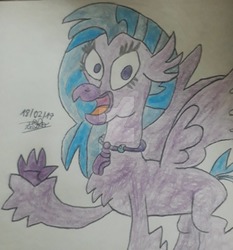 Size: 1024x1097 | Tagged: safe, artist:sirgarchomp45, silverstream, hippogriff, g4, female, looking at you, obtrusive watermark, signature, simple background, solo, traditional art, watermark, white background