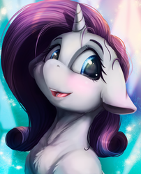 Size: 1509x1869 | Tagged: safe, artist:alcor, rarity, pony, unicorn, g4, abstract background, beautiful, blushing, bust, chest fluff, cute, detailed, eyelashes, female, floppy ears, hnnng, horn, mare, open mouth, raribetes, smiling, solo, stray strand