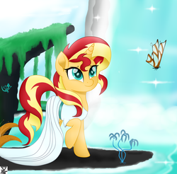 Size: 5600x5500 | Tagged: safe, artist:theretroart88, sunset shimmer, butterfly, pony, unicorn, g4, absurd resolution, clothes, female, mare, raised hoof, smiling, solo, water