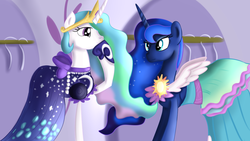 Size: 1280x720 | Tagged: safe, artist:jbond, princess celestia, princess luna, alicorn, pony, canterlot boutique, g4, accessory swap, amused, clothes, dress, duo, female, hoof on chin, mare, over the moon, royal sisters, siblings, sisters, smiling, tripping the light
