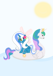 Size: 2039x2894 | Tagged: safe, artist:riofluttershy, princess celestia, oc, oc:fleurbelle, alicorn, pony, g4, alicorn oc, bow, bracelet, day, female, floating, floaty, flower, hair bow, hawaii, hawaiian, hawaiian flower in hair, high res, inflatable, inflatable toy, jewelry, long hair, long mane, long tail, mare, neon bracelet, ocean, pink bow, pool toy, relaxed, relaxed face, relaxing, ribbon, smiling, solo, sun, wave