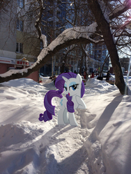 Size: 2448x3264 | Tagged: safe, artist:albertuha, rarity, pony, unicorn, g4, female, high res, irl, mare, photo, ponies in real life, smiling, snow, solo, winter