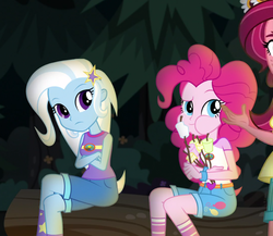 Size: 901x781 | Tagged: safe, screencap, gloriosa daisy, pinkie pie, trixie, equestria girls, g4, my little pony equestria girls: legend of everfree, campfire, cropped, food, marshmallow