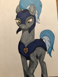 Size: 4032x3024 | Tagged: safe, artist:elizathedragon, oc, oc only, earth pony, pony, armor, female, looking down, mare, solo, traditional art
