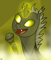Size: 1024x1206 | Tagged: safe, artist:atomfliege, oc, oc only, oc:warplix, changeling, bust, changeling oc, microphone, open mouth, simple background, singing, solo, teeth, yellow background, yellow changeling