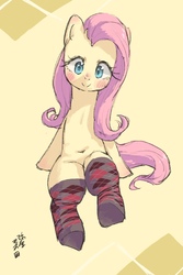 Size: 1200x1800 | Tagged: safe, artist:yanamosuda, fluttershy, pony, g4, blushing, clothes, cute, female, mare, shyabetes, smiling, socks, solo, stockings, thigh highs