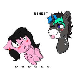 Size: 603x560 | Tagged: safe, artist:thatonefluffs, oc, oc:moonlight, oc:tetris, pony, :p, blushing, fluffy, one eye closed, ship:moontris, silly, tongue out, wink