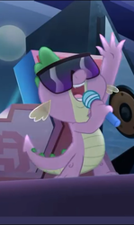 Size: 322x540 | Tagged: safe, screencap, spike, dragon, g4, my little pony: the movie, claws, cropped, fangs, glasses, male, mc spike, microphone, open mouth, solo, sunglasses, tail