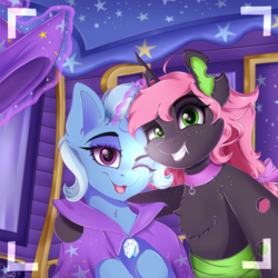 Size: 1000x1000 | Tagged: safe, artist:burû, trixie, oc, oc:oculus, changeling, pony, unicorn, g4, camera shot, changeling oc, chest fluff, female, freckles, glowing horn, hat, horn, looking at you, magic, mare, one eye closed, open mouth, telekinesis, wink