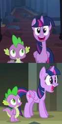 Size: 796x1574 | Tagged: safe, edit, edited screencap, screencap, spike, twilight sparkle, alicorn, dragon, pony, castle mane-ia, g4, adorkable, angle, comparison, cute, dork, duo, excited, faic, female, gasp, happy, male, mare, open mouth, twilight sparkle (alicorn)