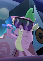 Size: 328x460 | Tagged: safe, screencap, spike, dragon, g4, my little pony: the movie, claws, cropped, glasses, male, mc spike, microphone, smiling