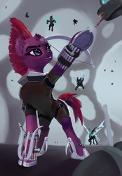 Size: 1560x2235 | Tagged: safe, artist:xbi, queen chrysalis, tempest shadow, changeling, pony, g4, action pose, armor, blades, changeling hive, changeling hunter, crossbow, fight, hoof blades, obsidian orb, tabun art-battle finished after, weapon