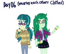 Size: 1500x1125 | Tagged: safe, artist:ktd1993, juniper montage, wallflower blush, equestria girls, g4, my little pony equestria girls: better together, clothes swap, female, lesbian, ship:juniblush, shipping, simple background, sweat, transparent background