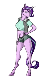 Size: 1232x2000 | Tagged: safe, artist:akweer, starlight glimmer, unicorn, anthro, unguligrade anthro, g4, belly button, clothes, female, hand on hip, mare, midriff, shorts, simple background, solo, tank top, vest, white background