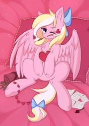 Size: 2428x3424 | Tagged: safe, artist:pesty_skillengton, oc, oc only, oc:bay breeze, pegasus, pony, arrow, bow, chest fluff, cute, ear fluff, female, hair bow, heart arrow, high res, looking at you, mare, mouth hold, one eye closed, pillow, tail bow, wink, ych result