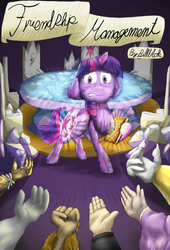 Size: 1080x1584 | Tagged: safe, artist:firefanatic, twilight sparkle, alicorn, human, comic:friendship management, g4, book, castle, clothes, comic, comic cover, fluffy, glowing cutie mark, map, nervous, offscreen character, robe, table, throne, twilight sparkle (alicorn), what is hoo-man