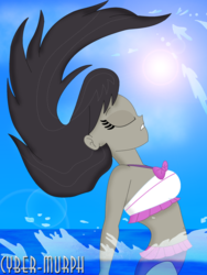 Size: 1512x2016 | Tagged: safe, artist:cyber-murph, octavia melody, equestria girls, g4, beautiful, beautisexy, belly button, bikini, bow, clothes, eyes closed, female, hair flip, long hair, midriff, ocean, sexy, signature, solo, splash, stupid sexy octavia, sun, swimming, swimsuit
