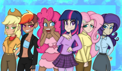 Size: 3792x2208 | Tagged: safe, anonymous artist, applejack, fluttershy, pinkie pie, rainbow dash, rarity, twilight sparkle, human, g4, :d, abstract background, alternate hairstyle, eyebrow piercing, grin, hand on chest, hand on face, hand on hip, high res, humanized, mane six, o3o, open mouth, open smile, piercing, serious, shaved head, smiling, smug, tan skin