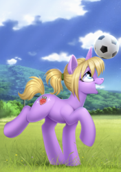 Size: 1200x1702 | Tagged: safe, artist:scheadar, oc, oc only, pony, unicorn, g4, ball, cloud, female, football, grass, happy, mare, open mouth, open smile, sky, smiling, solo, sports