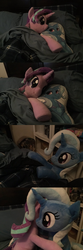 Size: 1200x3600 | Tagged: safe, artist:nekokevin, starlight glimmer, trixie, pony, unicorn, series:nekokevin's glimmy, g4, bed, bedsheets, body pillow, comic, duo, female, holding, hug, irl, lying down, mare, photo, pillow, plushie, smiling
