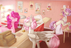 Size: 3300x2240 | Tagged: safe, artist:lastaimin, pinkie pie, oc, oc:coco meringue, oc:razz meringue, earth pony, pegasus, pony, g4, apron, cash register, clothes, female, high res, mare