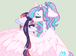 Size: 912x678 | Tagged: safe, artist:nocturnal-moonlight, princess flurry heart, oc, oc:astral moonlight, pony, unicorn, g4, female, hug, magical lesbian spawn, mare, offspring, older, older flurry heart, parent:rainbow dash, parent:twilight sparkle, parents:twidash, simple background