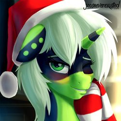 Size: 800x800 | Tagged: safe, artist:jcosneverexisted, oc, oc only, oc:serenity (shifty), pony, blushing, christmas, clothes, eyelashes, hat, holiday, looking at you, male, one eye closed, patreon, profile picture, reward, santa hat, socks, solo